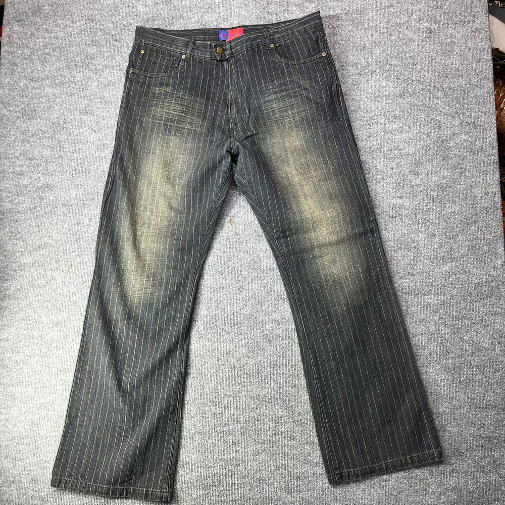 VTG Super S Jeans Men's Hickory Pinstripe Denim Pockets Straight Zip Fly - 37X33